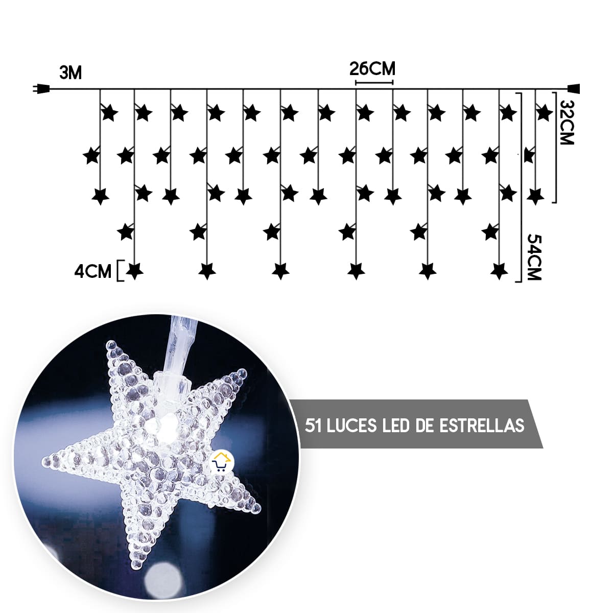 Cortina Led Estrellas Blancas-3 Mts